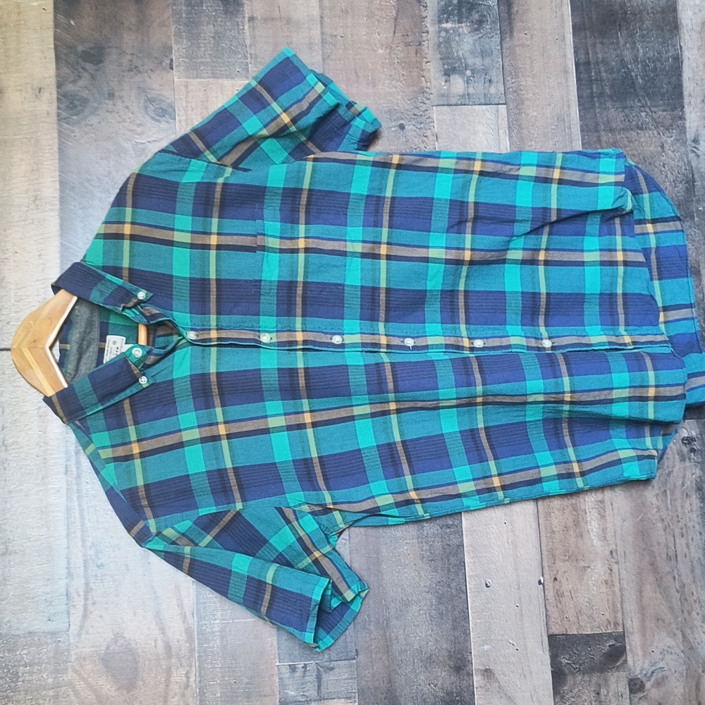 J.Crew 100% Cotton Blue Green Plaid Short sleeve Button Down Shirt Sz Med Men
